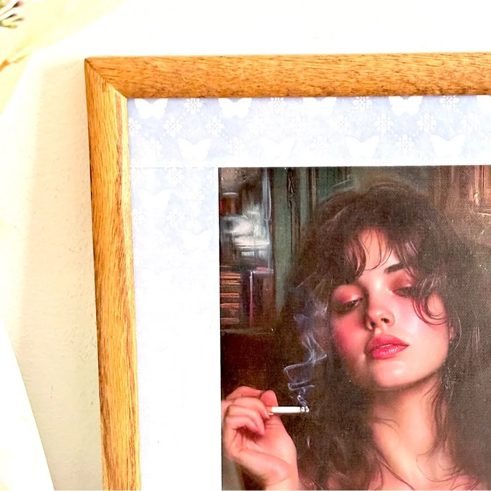 Victorian Coquette Woman Smoking a Cigarette Vintage Style Canvas Art Framed